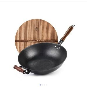 Cast Iron Wok with Wooden Handle and Lid